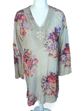 Vintage Goa Stone Tan Floral Crochet V-Neck Cotton Long Tunic Bohemian NWT Sz L